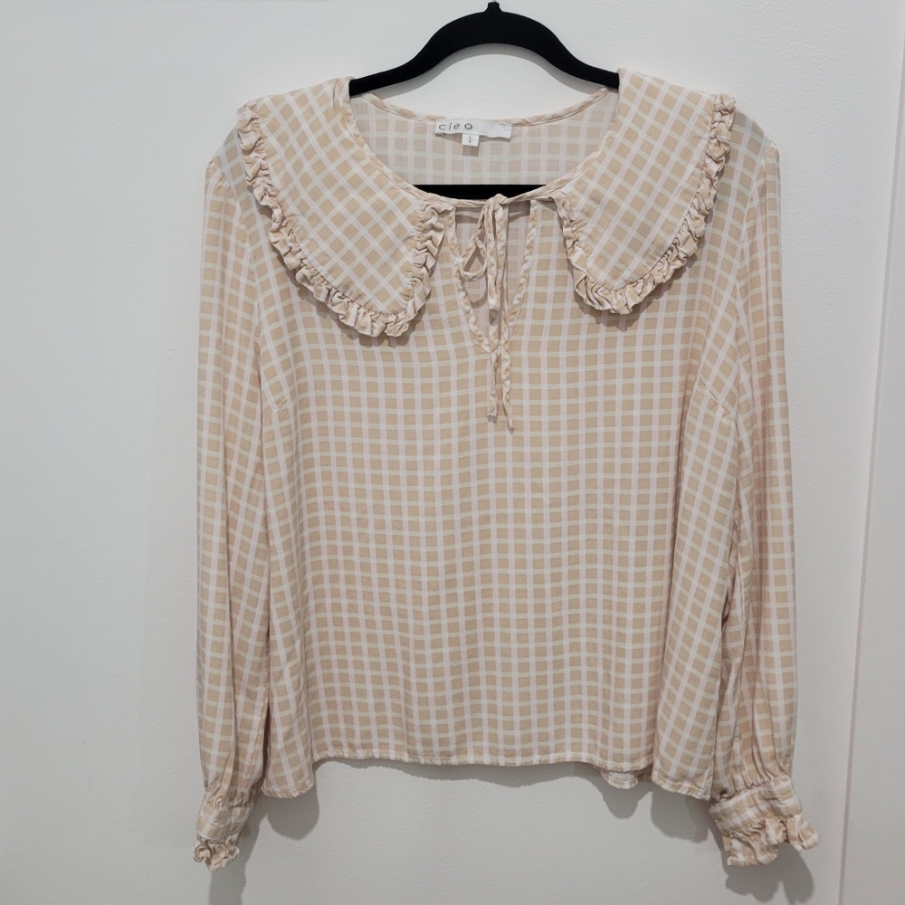 CLEO WOMEN PETER PAN COLLAR GINGHAM PULLOVER LONG SLEEVE BLOUSE